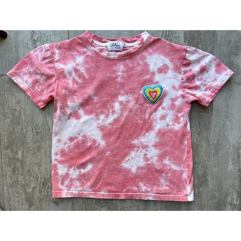 Lola and The Boys Pink White Tie Dye Rainbow Heart Patch T-Shirt Designer Tee 14